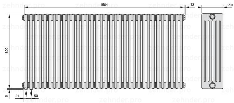 Схема (чертеж) Радиатор Zehnder Charleston 6180/34 №3370 Белый глянцевый RAL 9016